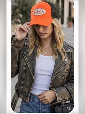 Authentic  NWT Von Dutch Neon Orange Velvet Trucker Hat Y2K Snapback Streetwear
